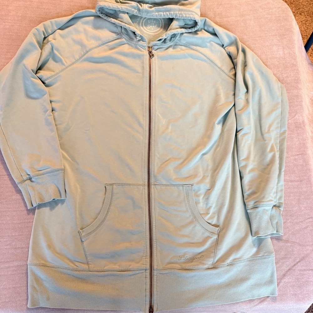 Life Is Good Womens XL Long Hoodie Blue Full Zip Simplicity Graphic Tunic